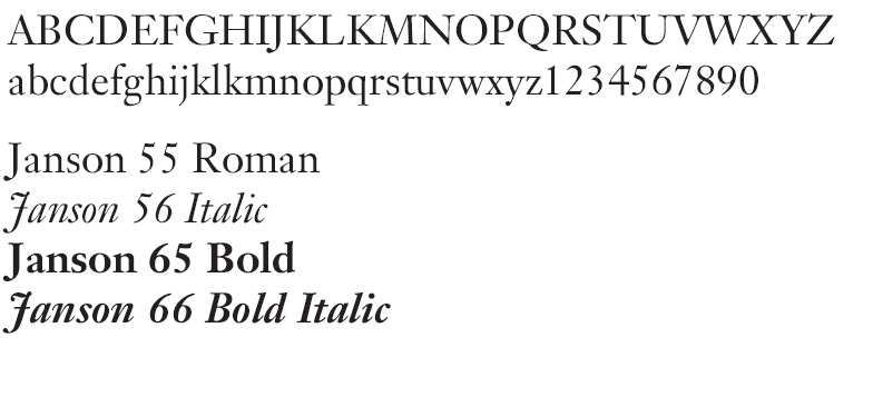 Janson typeface example and font weights.