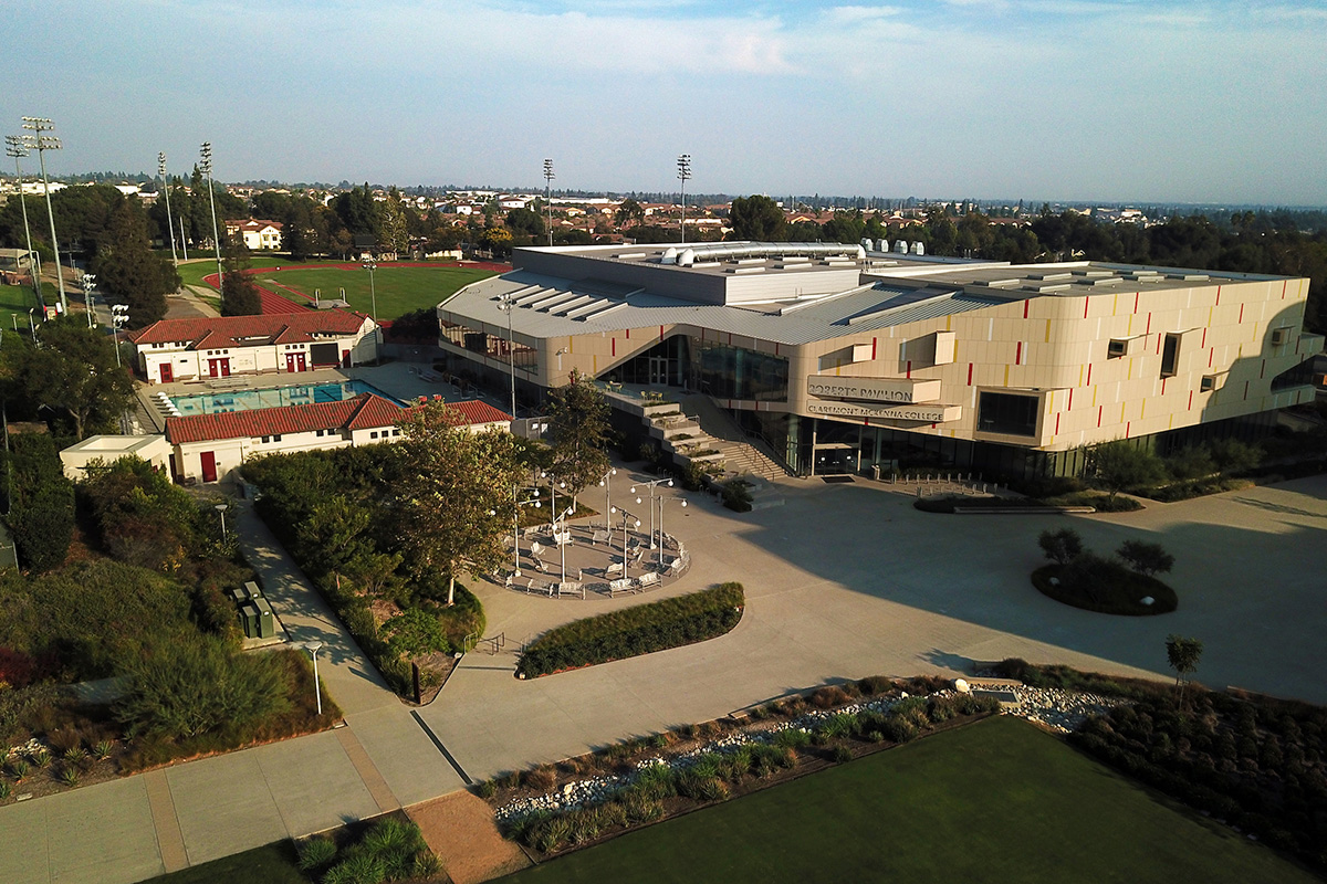 Aerial view of the Roberts Pavilion complex and surrounding areas on campus.