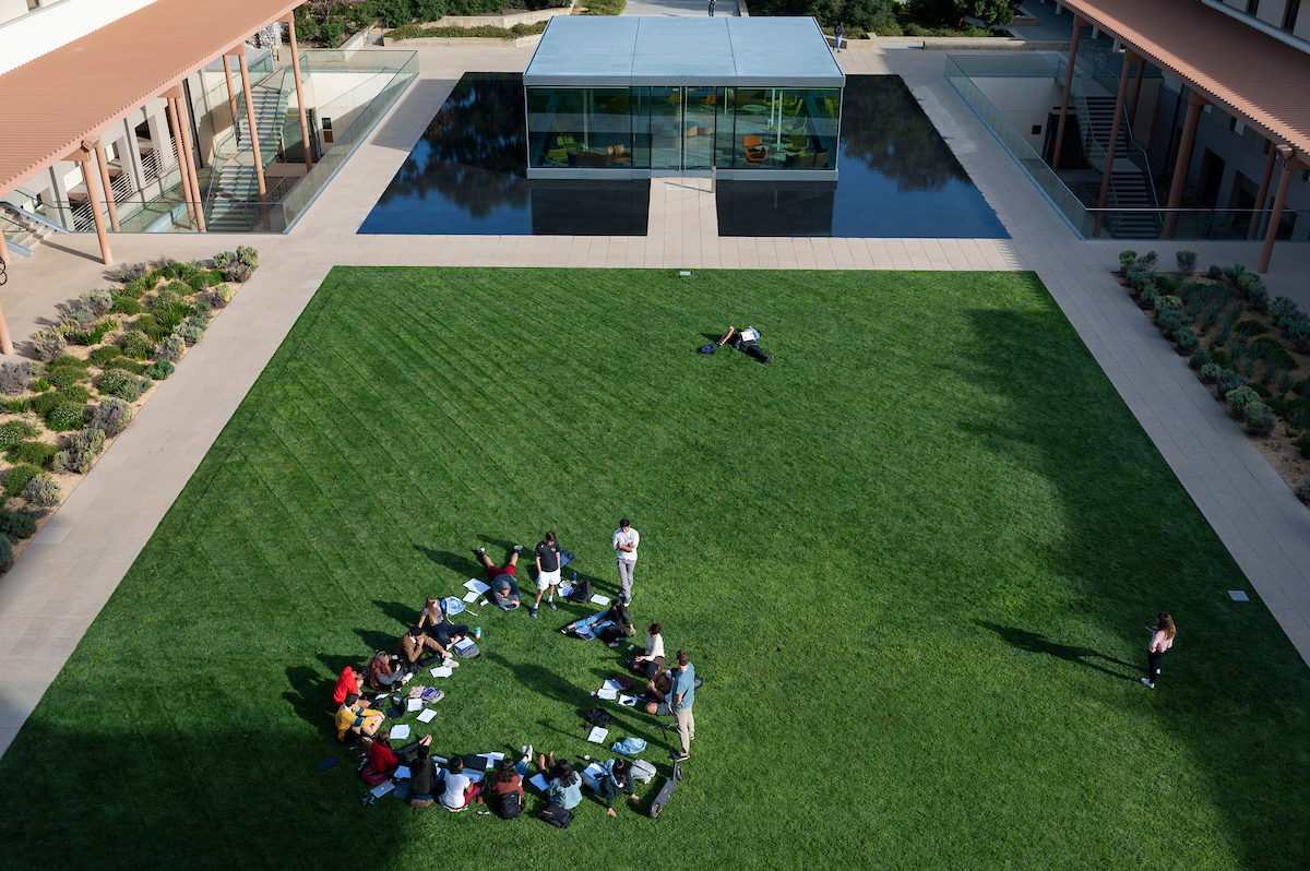 Aerial view of a class on Gann Field at Kravis Center.