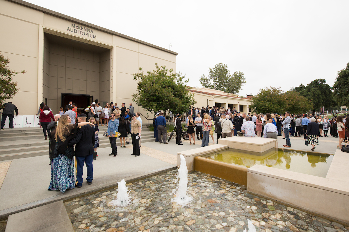 View of the McKenna Auditorium near the fountain.