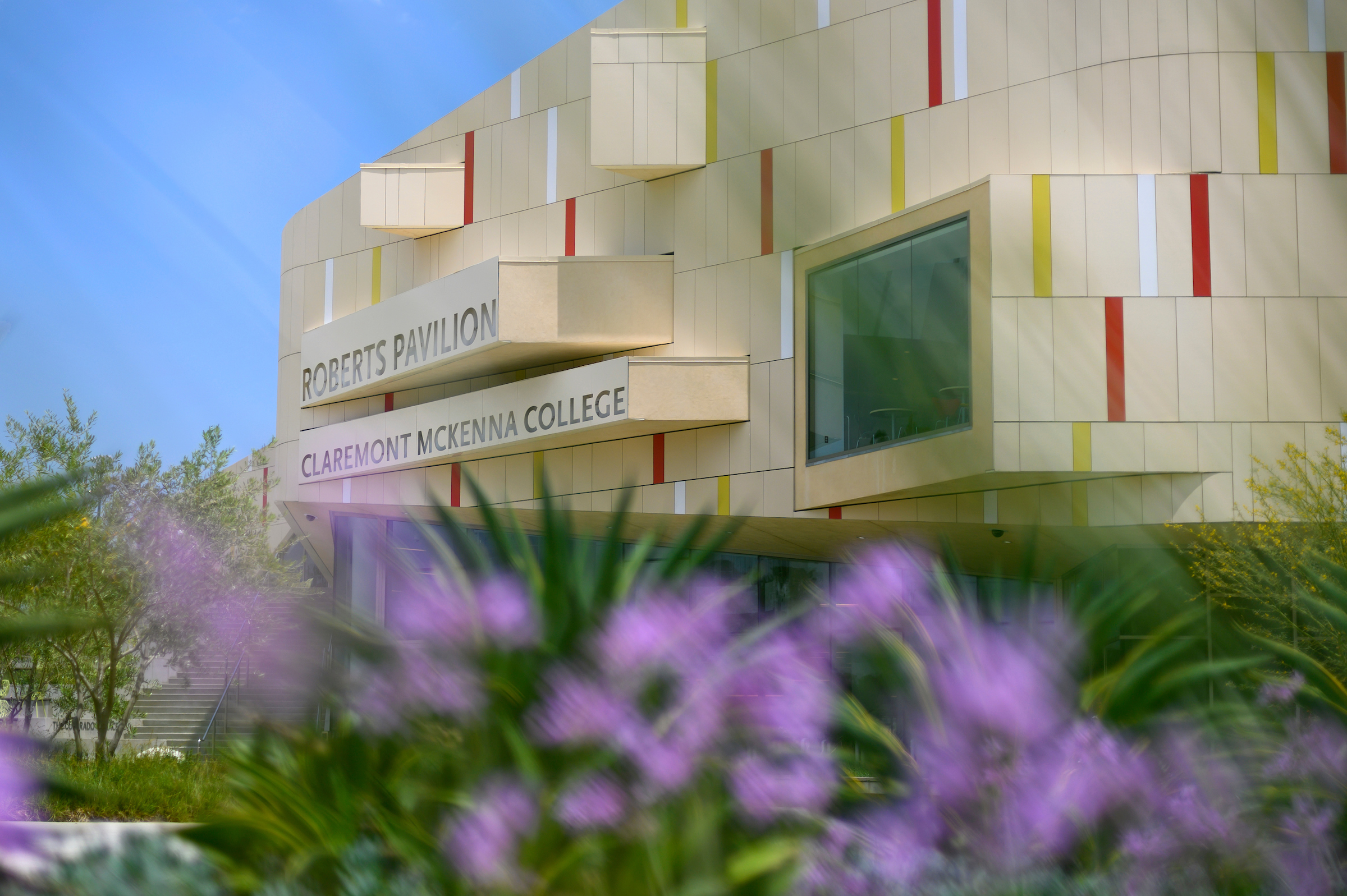 Roberts Pavilion with the surrounding landscaping in the foreground.