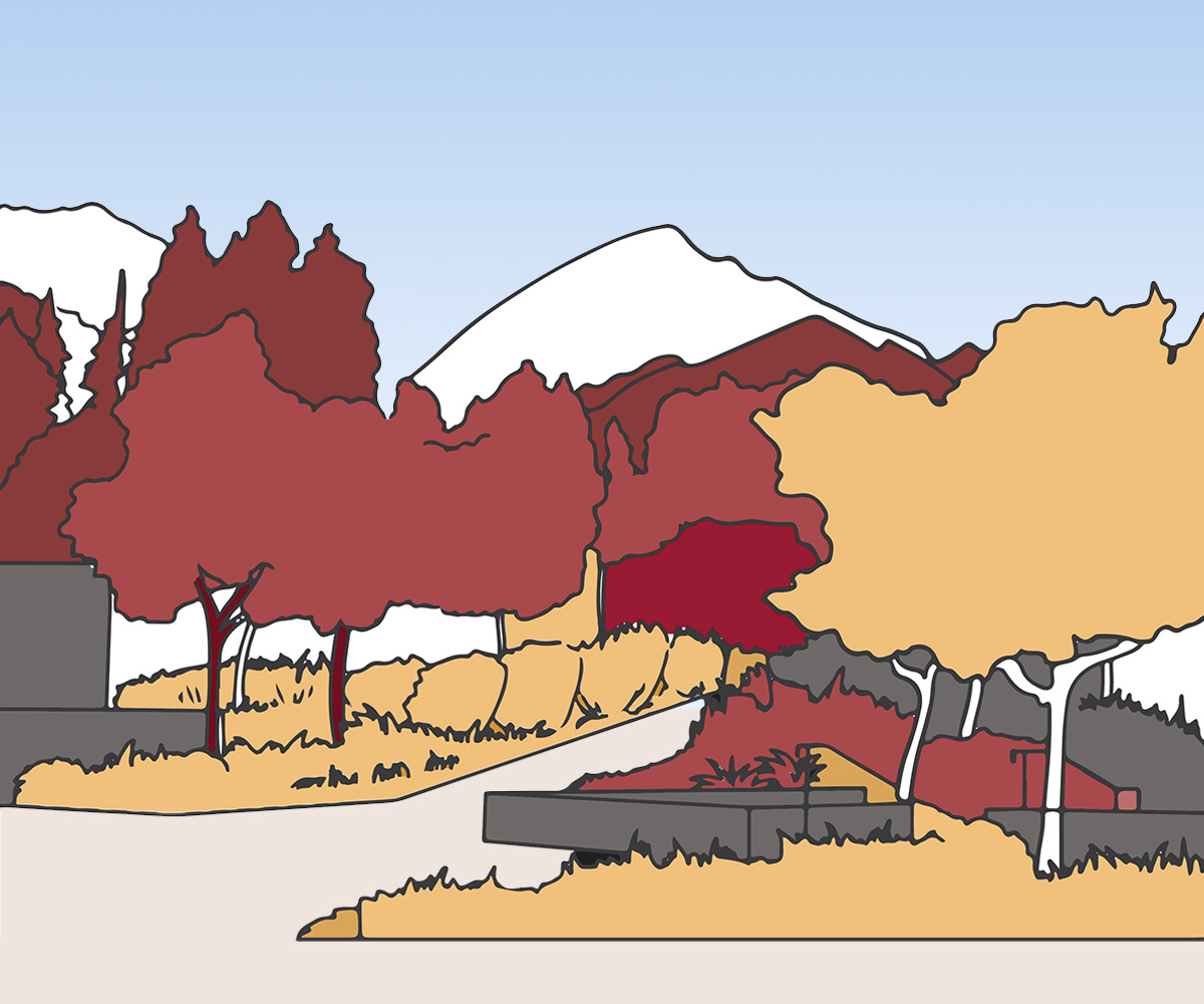 An illustration of the campus with a mountain view.