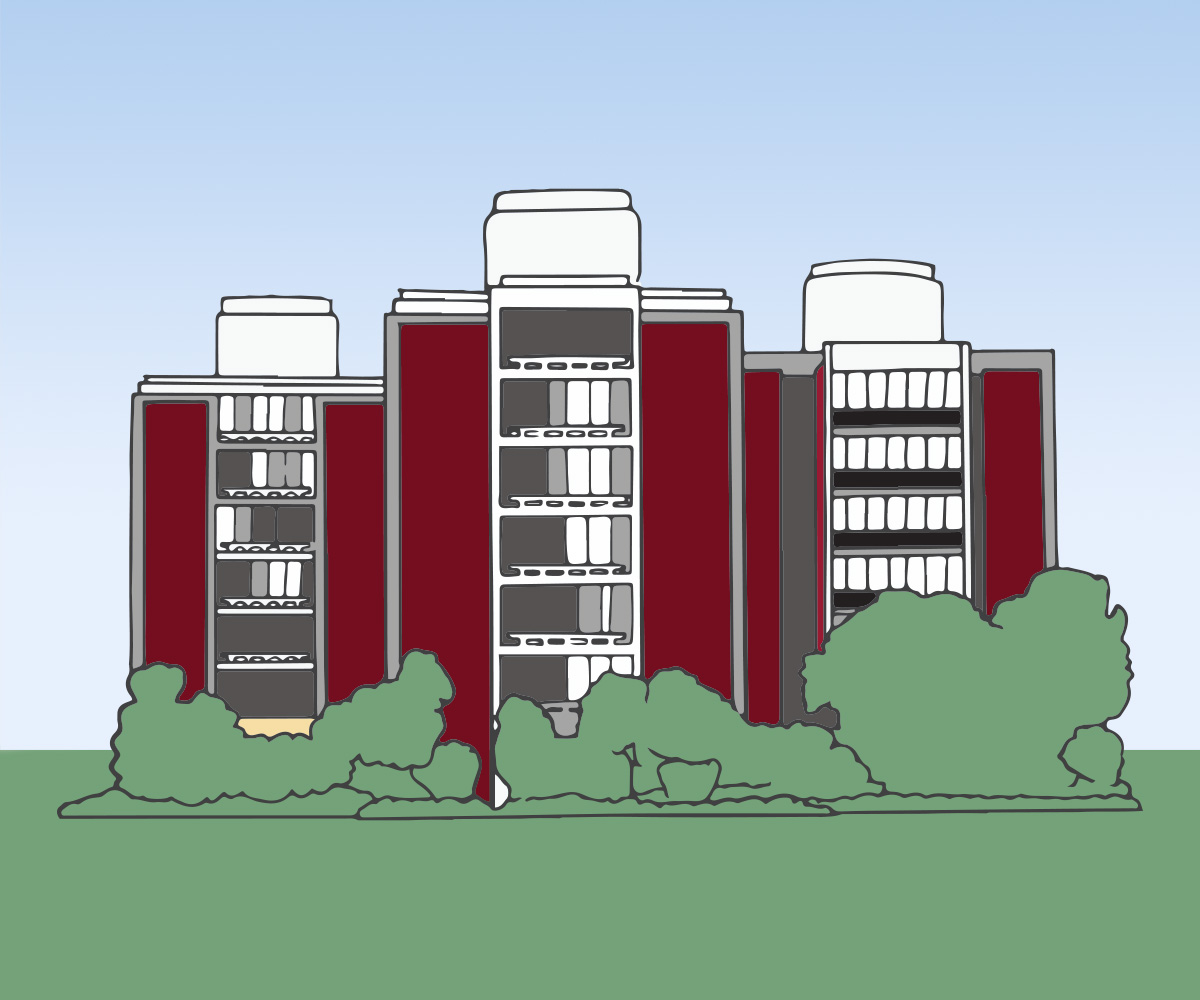 An illustration of the South Quad residence halls.