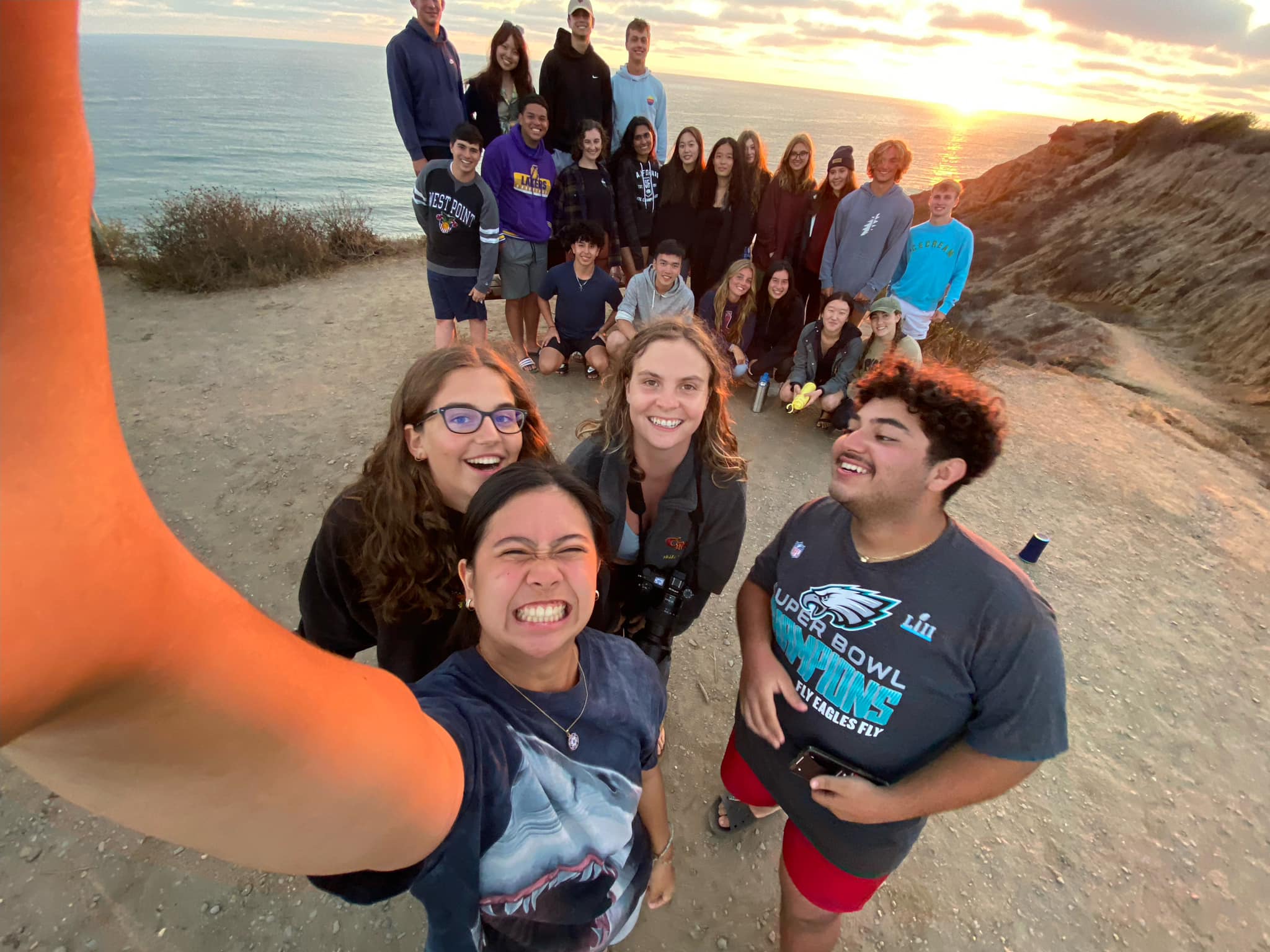 Students taking a selfie together during Welcome Orientation Adventure.