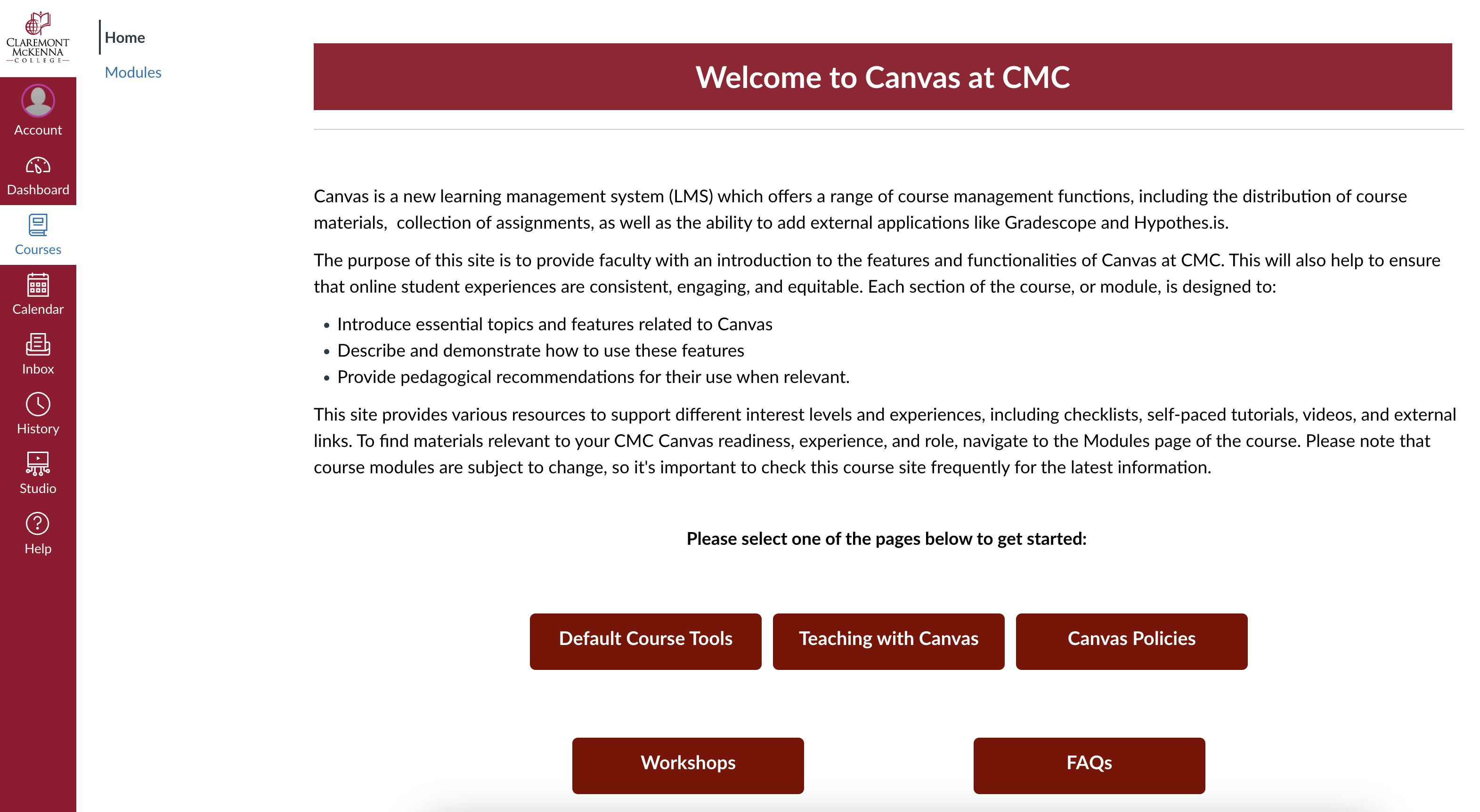 "Welcome to Canvas at CMC" course site
