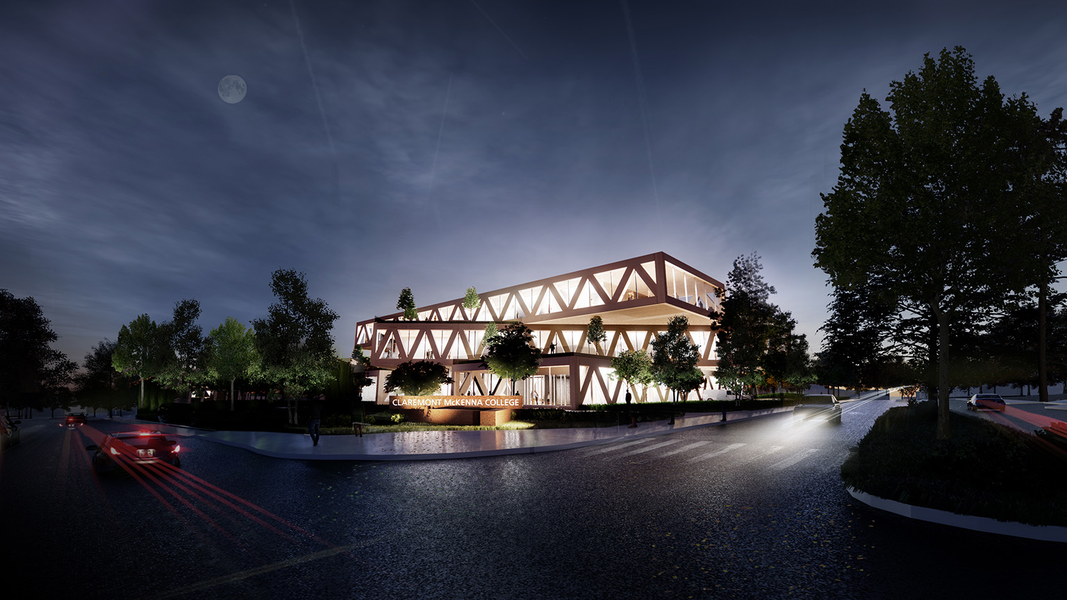 View of the Robert Day Sciences Center from Claremont Blvd at night.