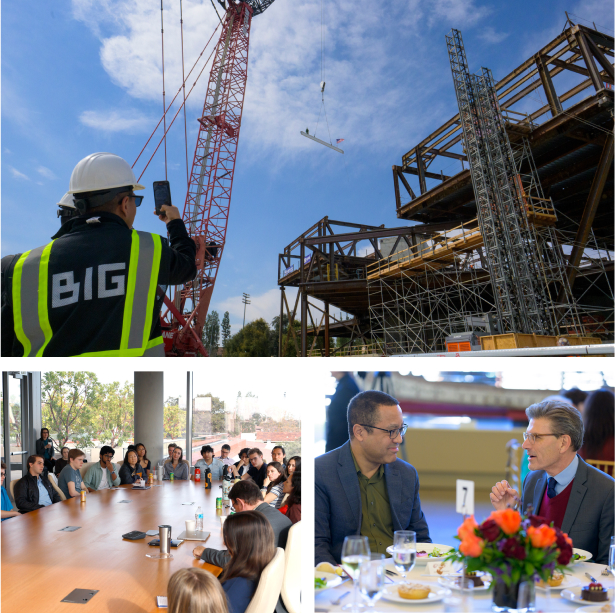 Clockwise: progress of the Robert Day Sciences Center; President Chodosh with Ath Speaker; an Open Academy salon.