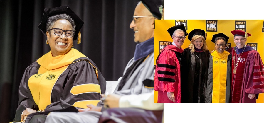 Harriet Nembhard '91 celebrates with CMC guests David Mgrublian '82 P'11, Chair of the Claremont McKenna College Board of Trustees; Laura Grisolano '86, Trustee; and President Hiram Chodosh.