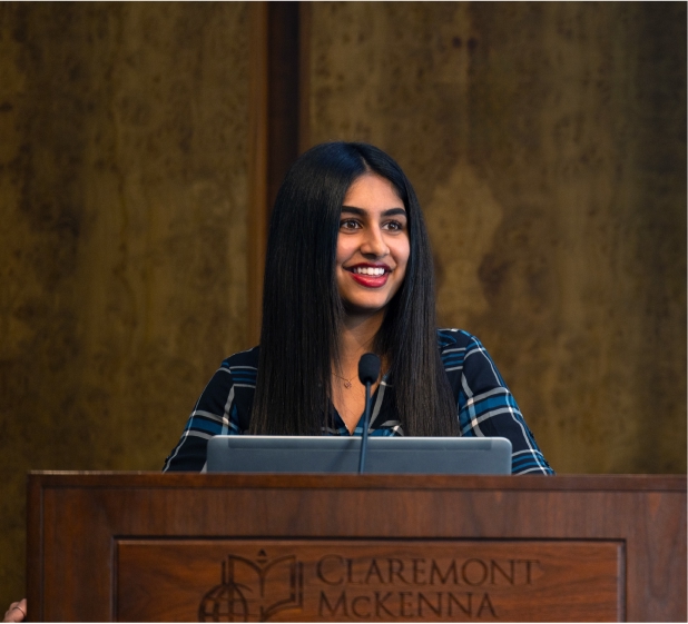 Zara Vakath '24 presenting at the Marian Miner Cook Athenaeum. 