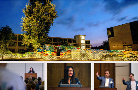 Collage of campus life at CMC, featuring art installations, Ath speakers, and FEI Advisory Board Chairs. 