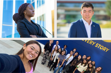 Collage of student honors at Claremont McKenna College, featuring Bertha Tobias ’23, Pieter van Wingerden ’24, and students on CMC Networking Treks.