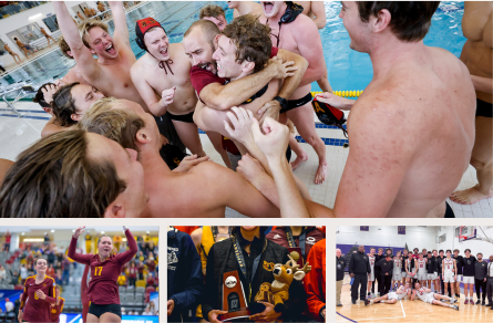 Collage of CMS athletics teams featuring men's water polo, women's volleyball, women's cross country, and men's basketball.