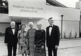 Left to right: Donald McKenna, Bernice McKenna, Jil Stark, Marian Miner Cook, and Jack Stark during the dedication of the Marian Miner Cook Athenaeum.