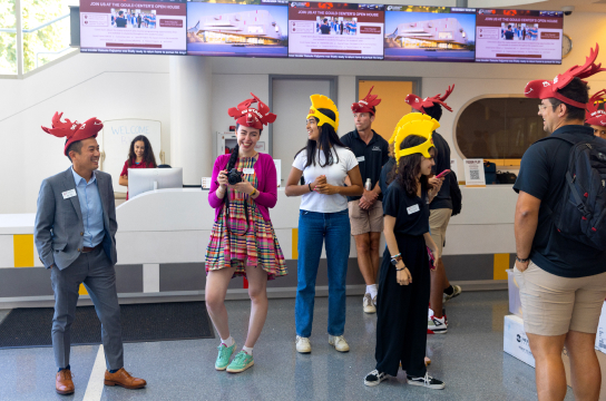 The Dean of Students welcoming students during Orientation.