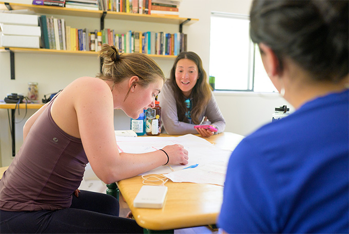 Students reviewing findings from research projects.