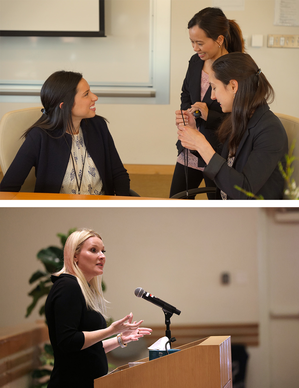 Top: Stacey Doan with students, bottom: Elizabeth Wydra ’98 at a WLA event.