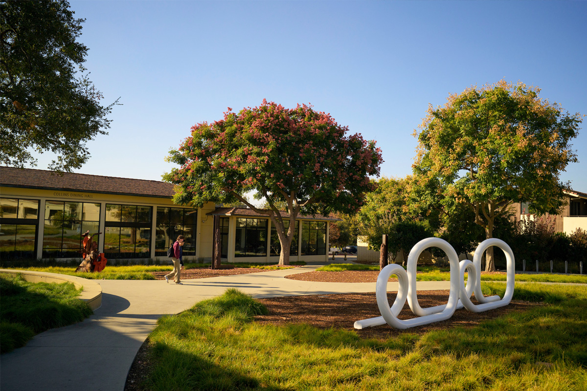 The Loops public art piece in the foreground, backdropped by Collins Dining Hall.
