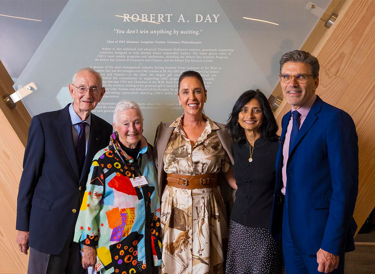 From left: Jack and Jil Stark, Priya Junnar, and President Hiram Chodosh.