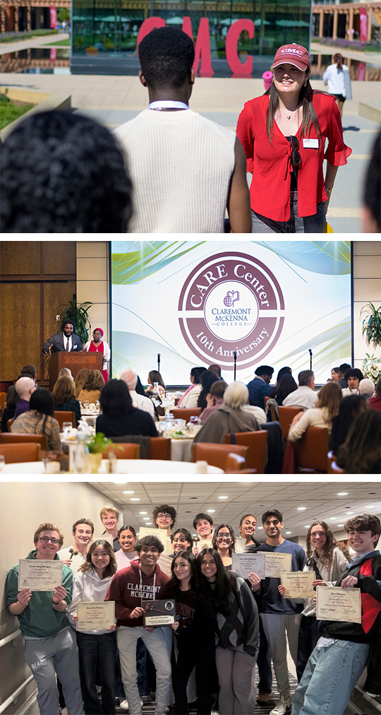 Collage of campus scenes: student-led tours, the CARE Center anniversary event, and the ModelUN win.