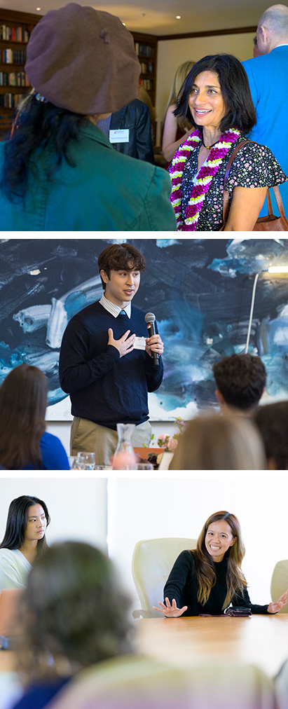 From top: Priya Junnar greeting guests at the Athenaeum, a student speaking during an Ath talk, and Stacey Doan leading a class.