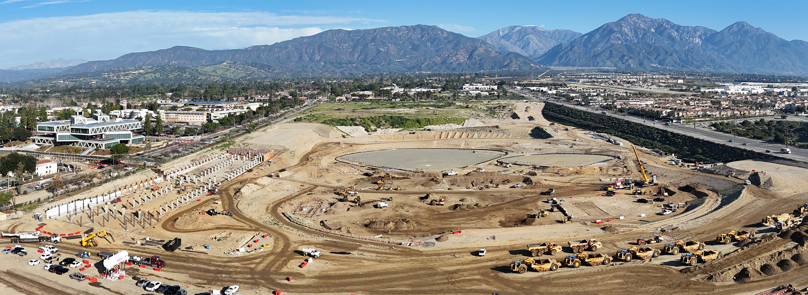 A wide, aerial view of the current progress on the Sports Bowl.