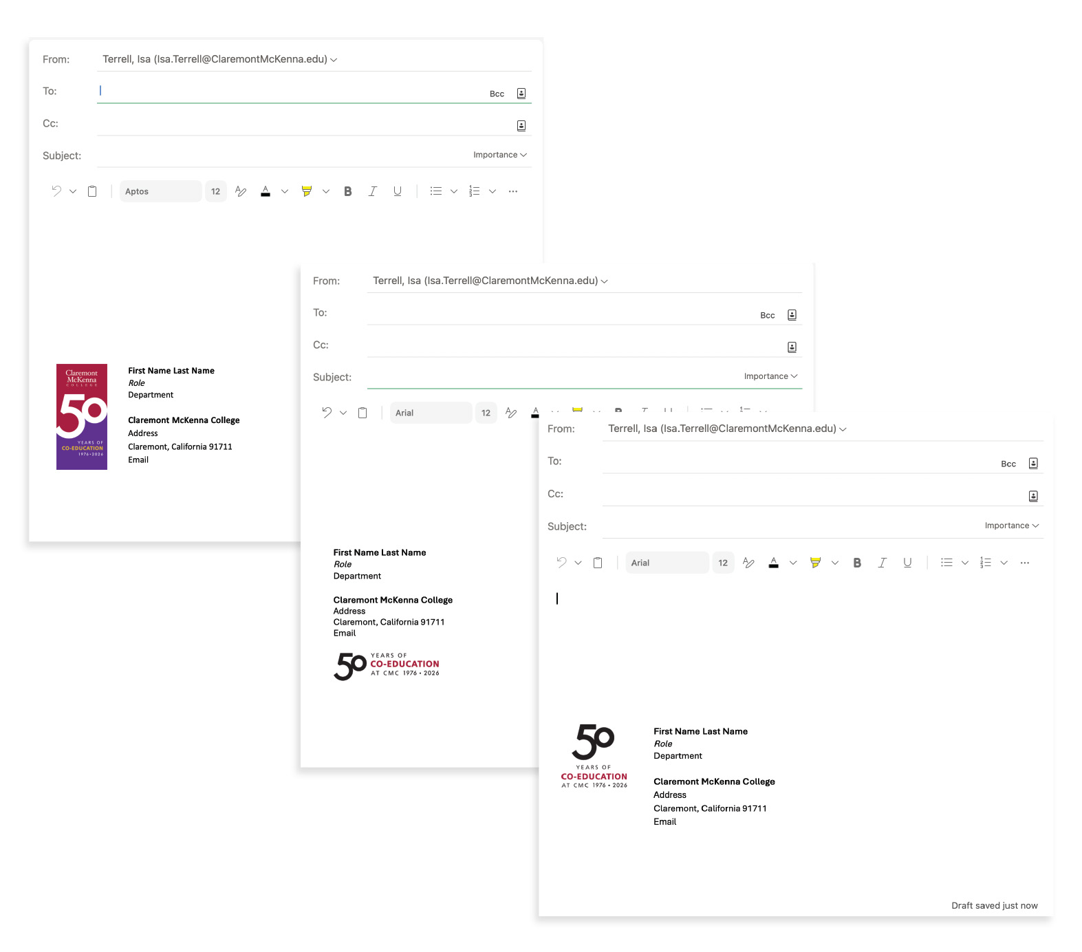 The available 50 Years of Co-education email signatures.
