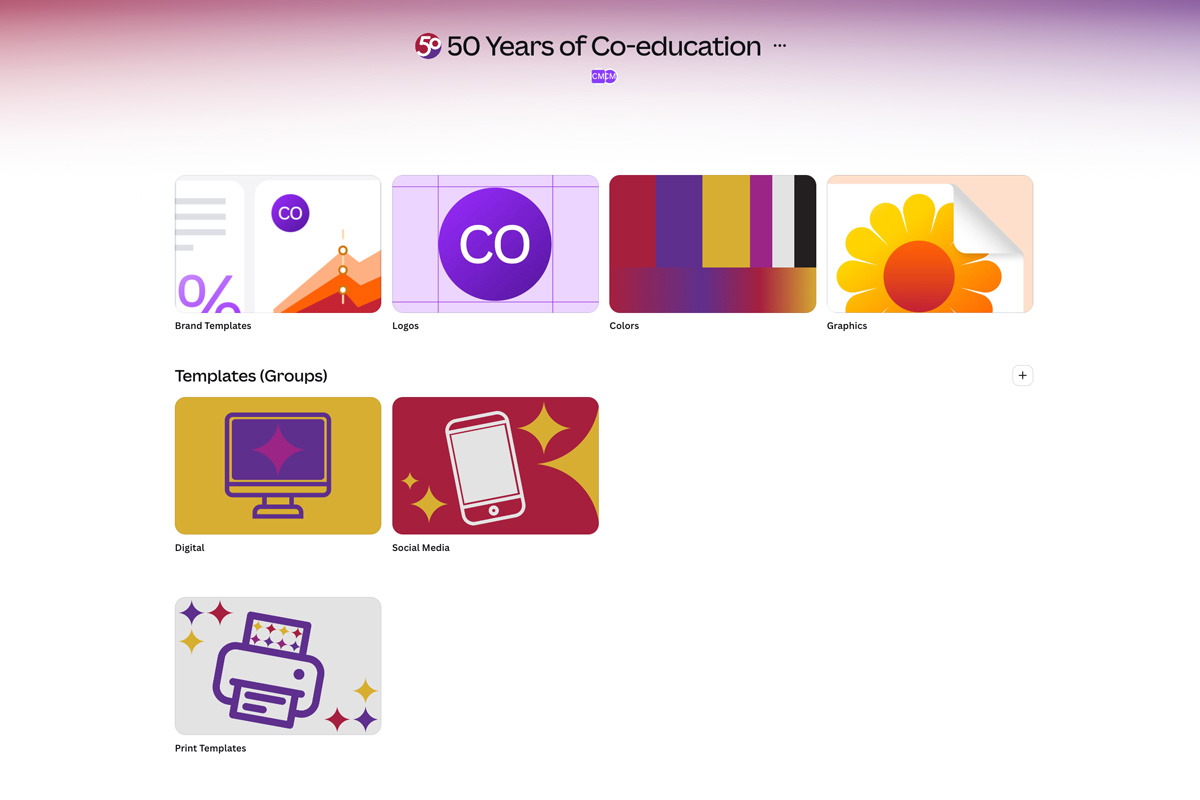 The 50 Years of Co-education brand kit hub on Canva.