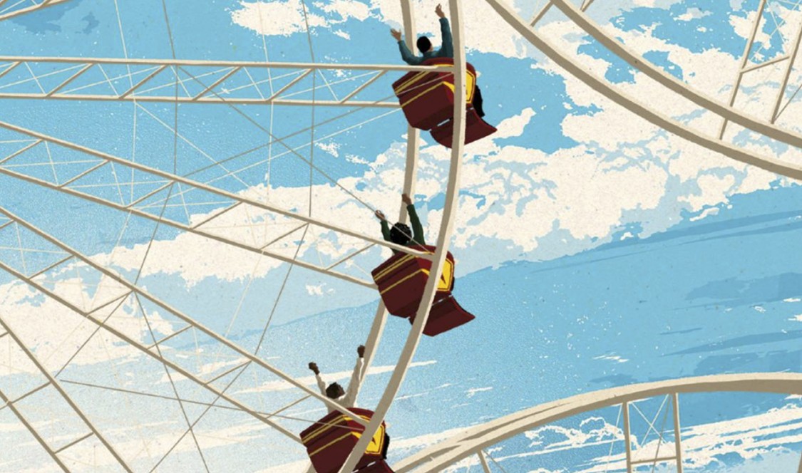 Digital illustration of people riding ferris wheels