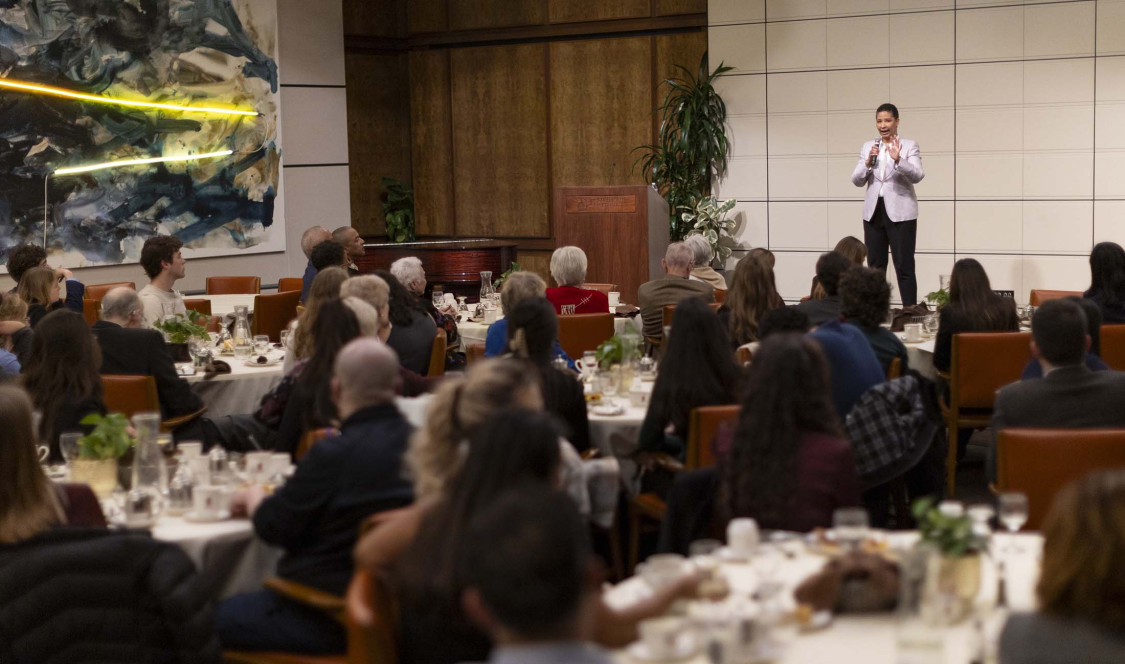 Danielle Allen speaking in front of crowd at the Ath