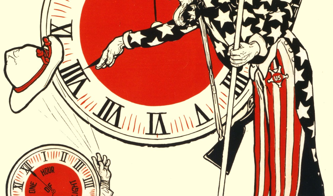 Uncle Sam celebrating passage of daylight saving time bill