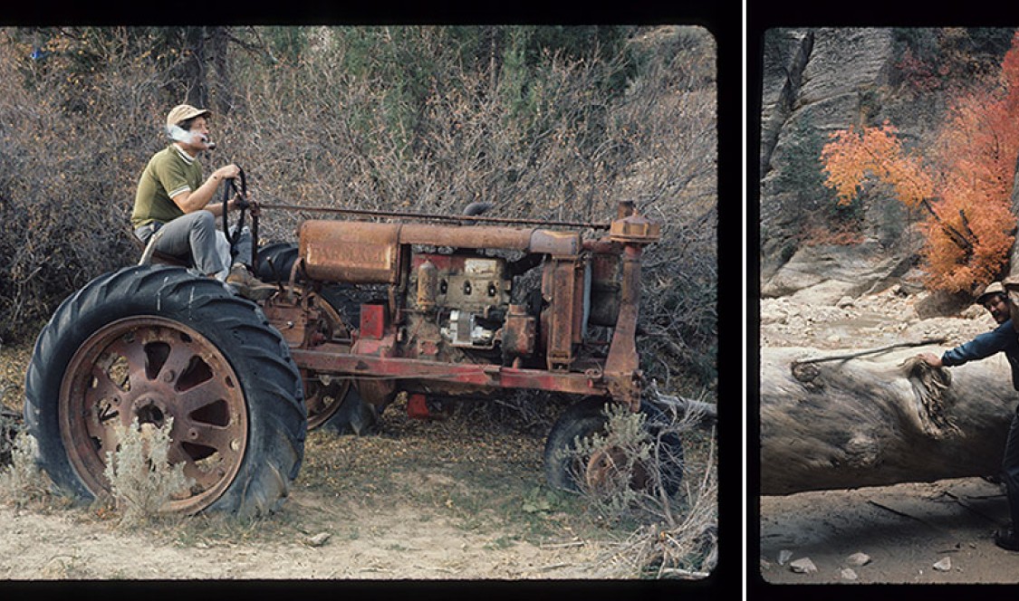 Langdon Elsbree, on a 1930s vintage Farmall tractor, during a 16-mile hike of the Virgin River Narrows in Zion Park, Utah, in October 1970; "The hike was glorious, the leaves and canyon walls spectacular, the weather perfect, and Langdon an affable c