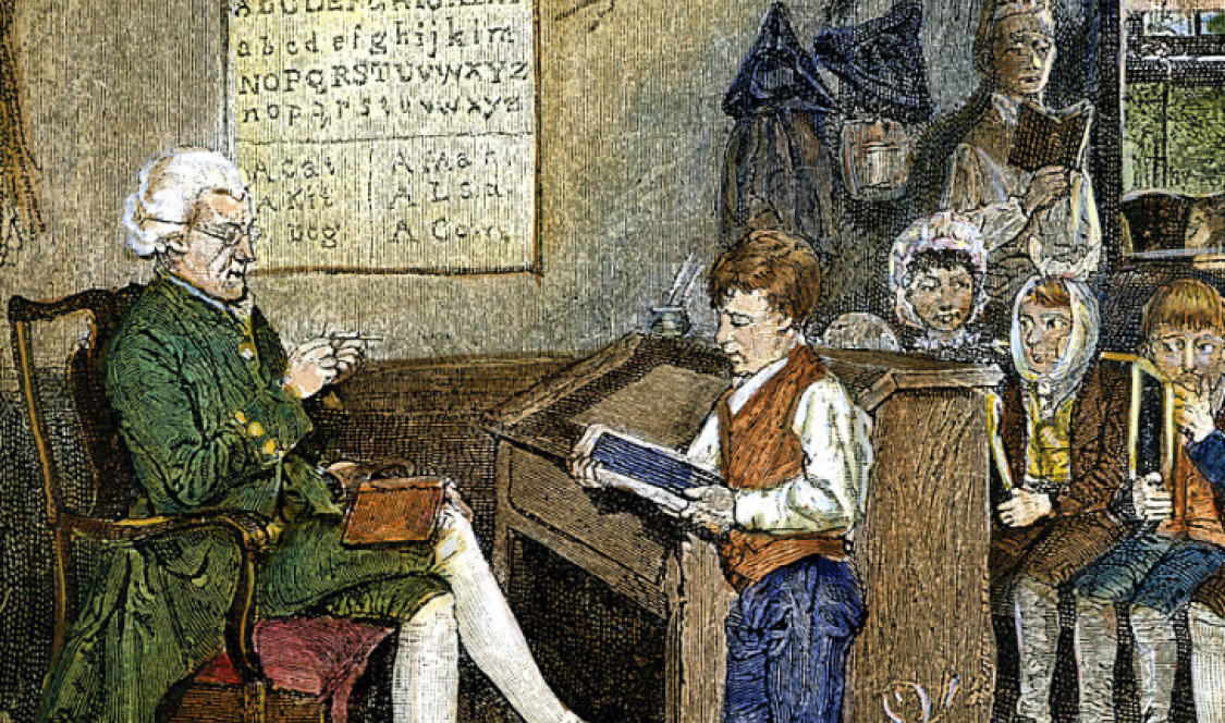 Colonial scene: A schoolmaster and his pupils in the early days of the American republic.