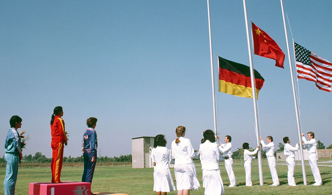 Medal ceremony for the women's 50 meter rifle at the 1984 Olympics