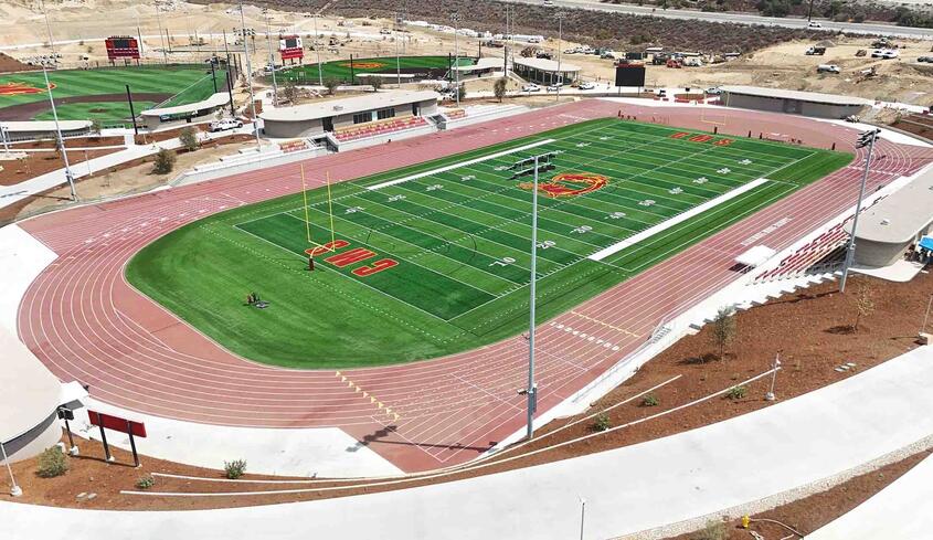 Overview shot of the football field at the Sports Bowl at the Roberts Campus