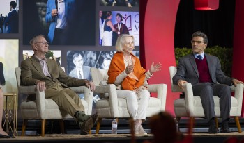 Jack Stark ’57 GP’11 (1971-1999), Pamela Gann (1999-2013), and Hiram Chodosh, CMC’s current president (2013-) on stage during the Presidents' Panel at CMC's 2022 Alumni Weekend.