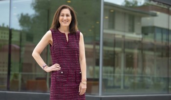 Laura Lulejian photographed on campus in front of the Kube.