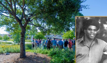 Pictured: Right, John E. Allen ’73; Background, John E. Allen Tree on campus.