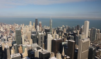 An aerial view of the Chicago skyline.