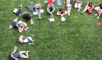 students on lawn studying