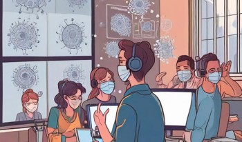 Illustration of people in class wearing Covid masks.