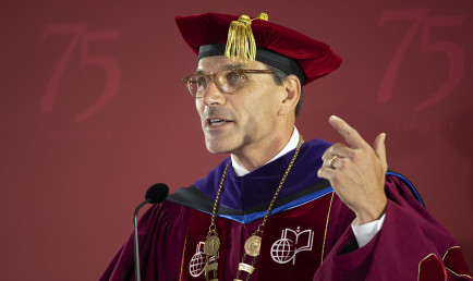 CMC President Hiram Chodosh addresses students, faculty, and staff at in-person and live-broadcasted 2021 Convocation