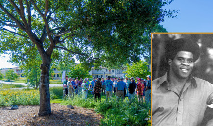 Pictured: Right, John E. Allen ’73; Background, John E. Allen Tree on campus.
