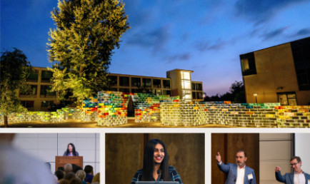 Collage of campus life at CMC, featuring art installations, Ath speakers, and FEI Advisory Board Chairs.