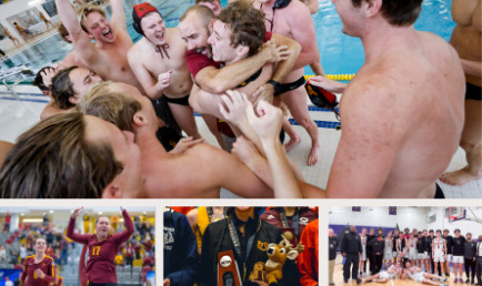 Collage of CMS athletics teams featuring men's water polo, women's volleyball, women's cross country, and men's basketball.
