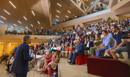 Crowd of people at RDSC listening to Pres. Chodosh