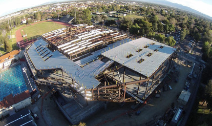 Drone view of Roberts Pavilion construction, Spring 2015 (Photo courtesy of Bryce Raygour, son of CMS Women's Soccer Coach Keri Sanchez)