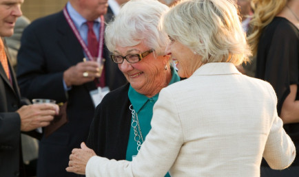 Arden Flamson with President Emerita Pamela Gann at the Flamson Plaza rededication ceremony, 2013.