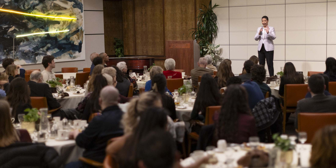 Danielle Allen speaking in front of crowd at the Ath 