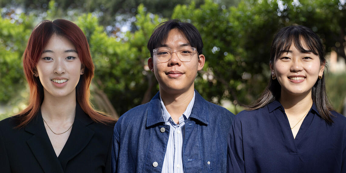 Newly named Goldwater Scholars Marilyn Ma ’27, Daniel Wu ’27, and Chisato Kamakura ’27. Photos by Isaiah Tulanda ’20 and courtesy of Marilyn Ma ’27